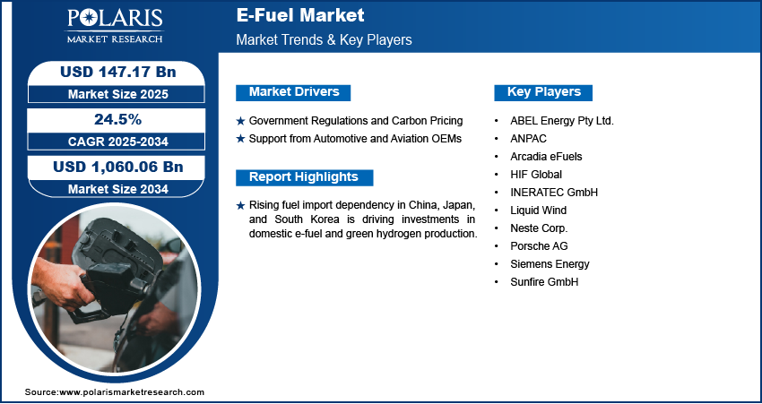 E-Fuel Market Size Worth USD 1,060.06 Billion by 2034 | CAGR: 24.5%