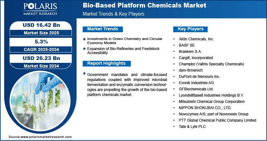 Bio-Based Platform Chemicals Market Size Worth USD 26.23 Billion by 2034 | CAGR: 5.3%