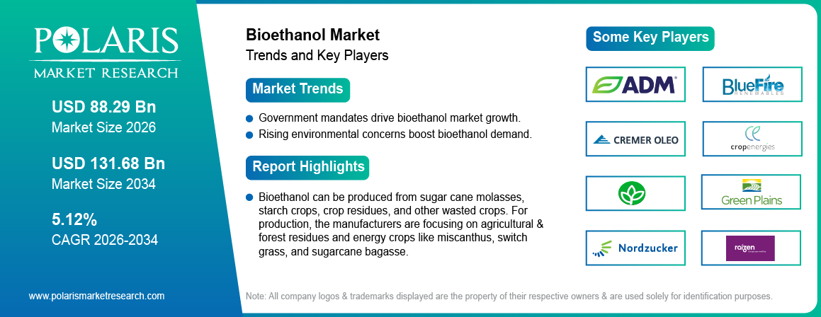 Bioethanol Market Size Worth USD 131.68 Billion by 2034 | CAGR: 5.12%