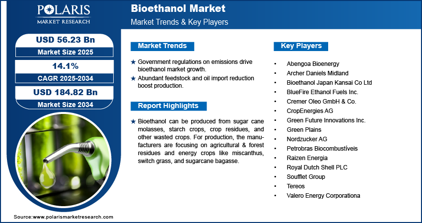 Bioethanol Market Size Worth USD 184.82 Billion By 2034 | CAGR: 14.1%