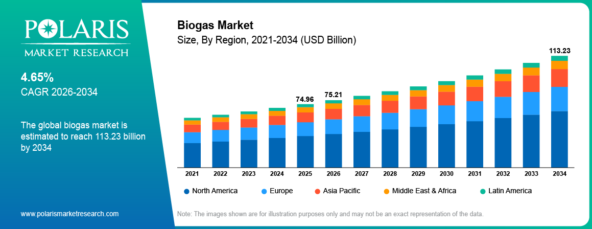 Biogas Market Size By Region 2021-2034 (USD Billion)