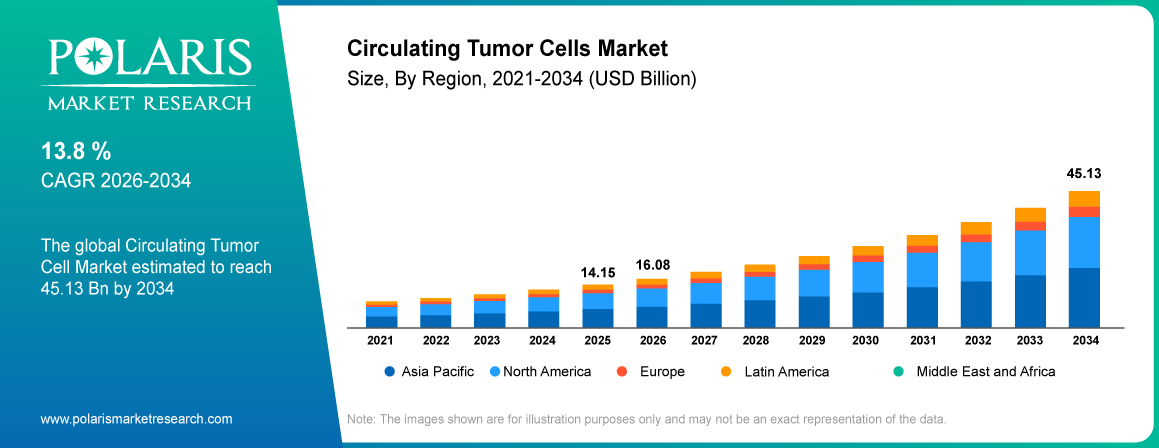 Global Circulating Tumor Cells Market size 2021 to 2034, reaching USD 45.13 billion at a 13.8% CAGR.