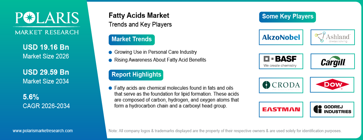 Fatty Acids Market Size Worth USD 29.59 Billion by 2034 | CAGR: 5.6%