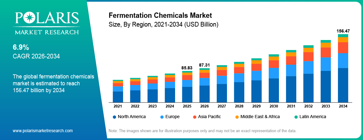 Fermentation Chemicals Market Size By Region 2021-2034 (USD Billion)