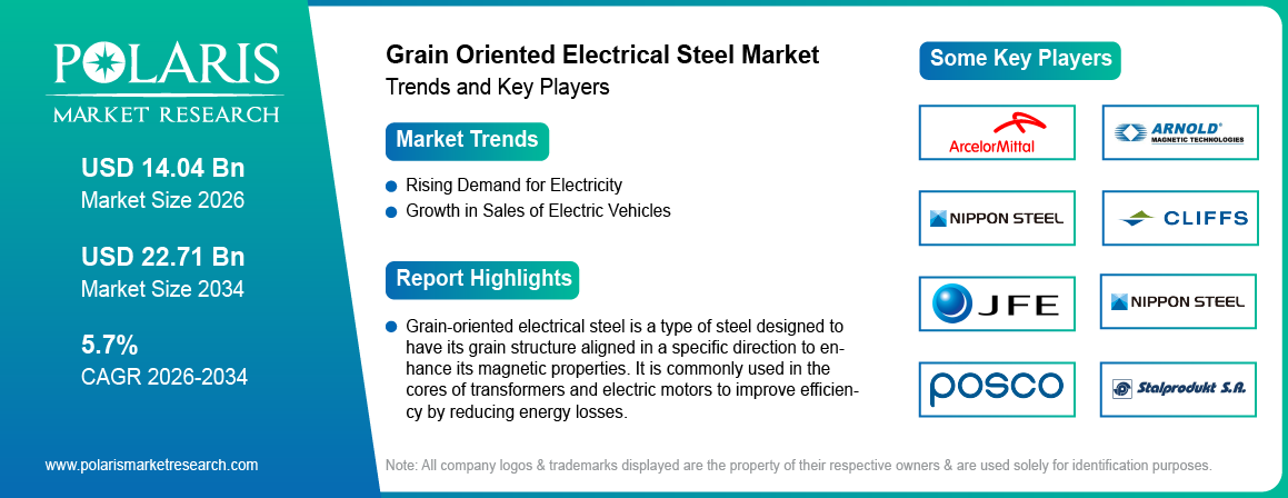 Grain Oriented Electrical Steel Market Size Worth USD 22.71 Billion by 2034 | CAGR: 5.7%