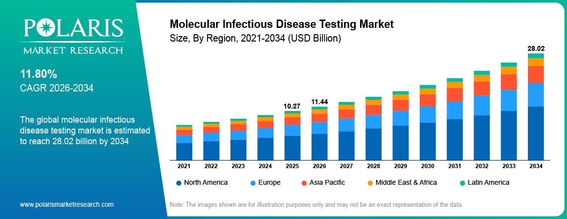 Molecular Infectious Disease Testing Market Size By Region 2021-2034 (USD Billion)