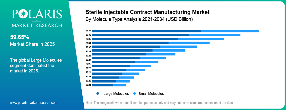 Sterile Injectable Contract Manufacturing Market share by molecule type, large molecules, small molecules 2021 to 2034.