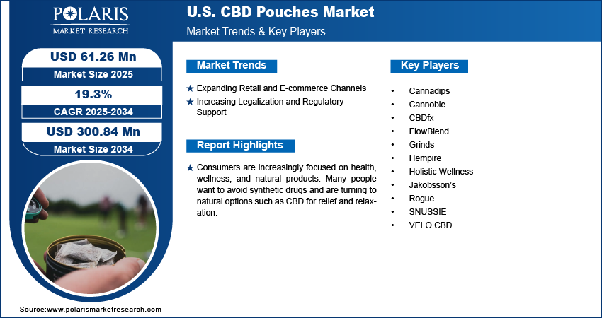 U.S. CBD Pouches Market Size Worth USD 300.84 Million by 2034 | CAGR: 19.3%
