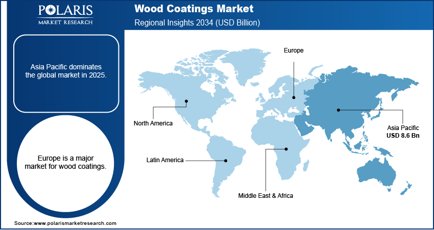 Wood Coatings Market Trends, By Region, 2021 – 2034 (USD Billion)